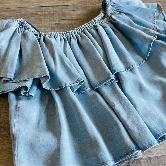 Zara Premium Denim Crop Off Shoulder Ruffle Top - Picture 6 of 6